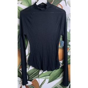 Free People Small Black Skyline Thermal Ribbed Ruffle Trim Mock Neck Top
